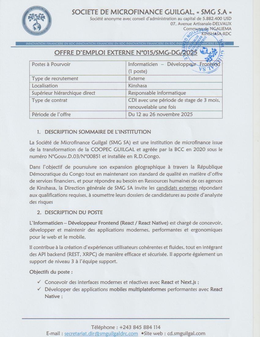 Page 1 Document de l'offre Informaticien développeur Frontend