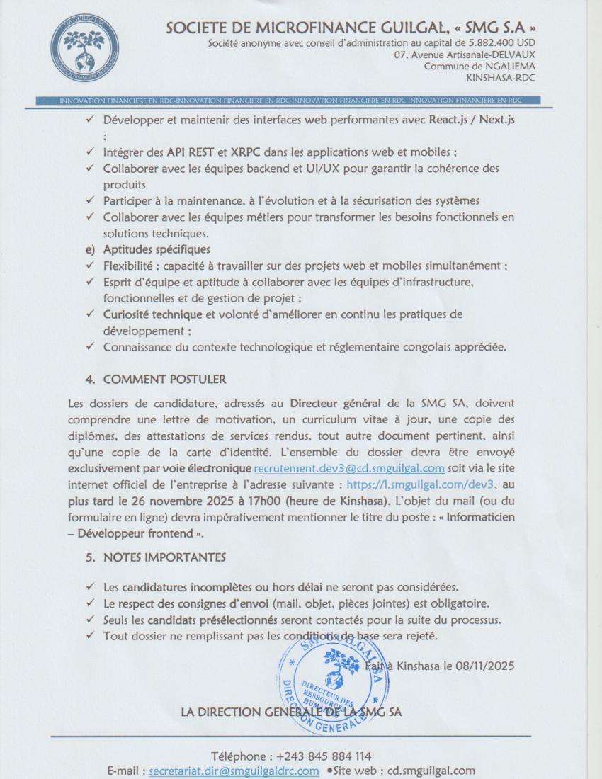Page 3 Document de l'offre Informaticien développeur Frontend