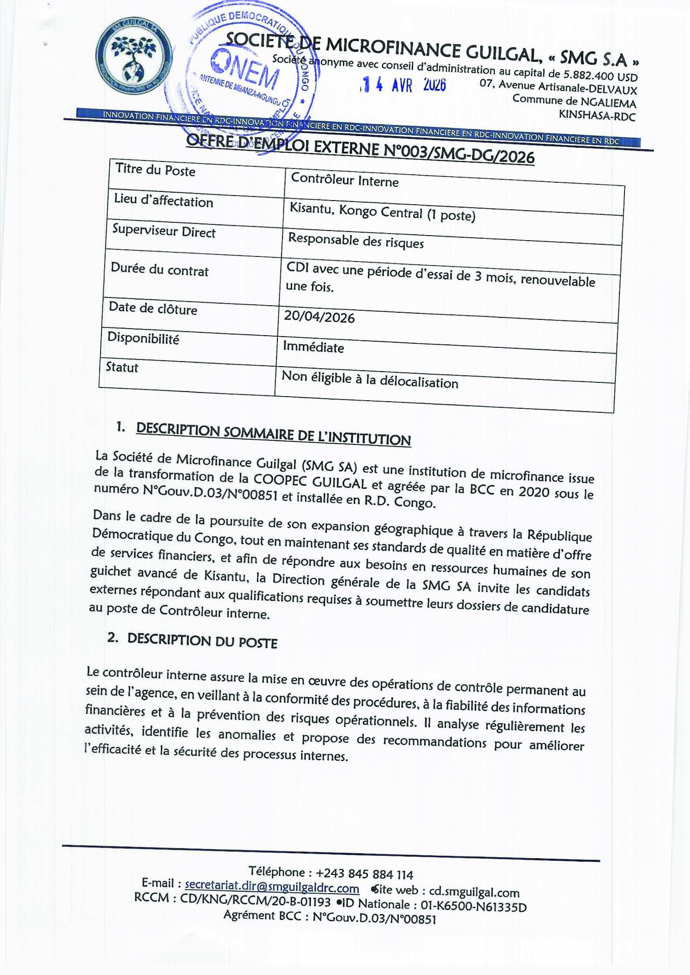 Offre d'emploi contrôleur interne page 1