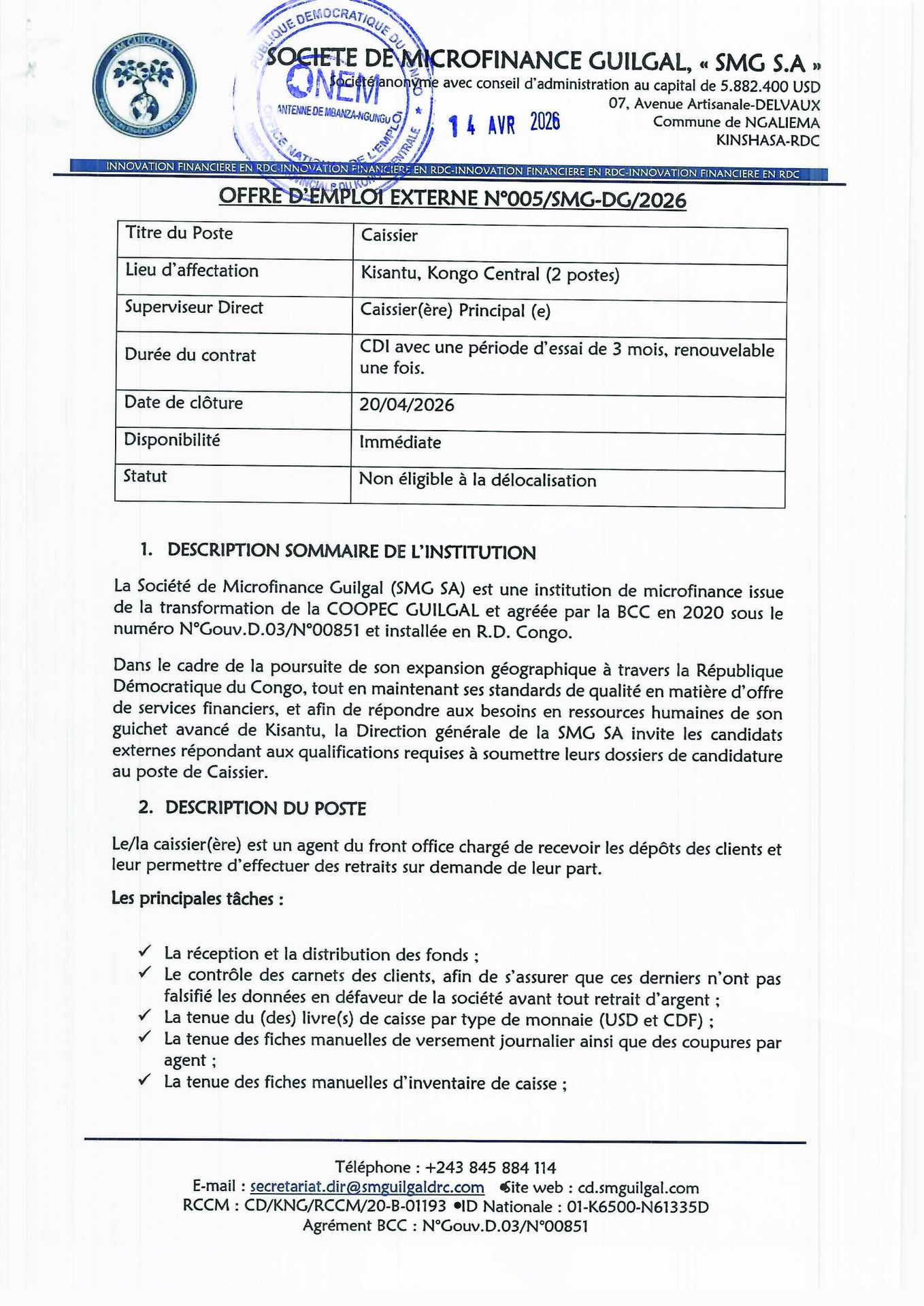 Offre d'emploi caissier page 1