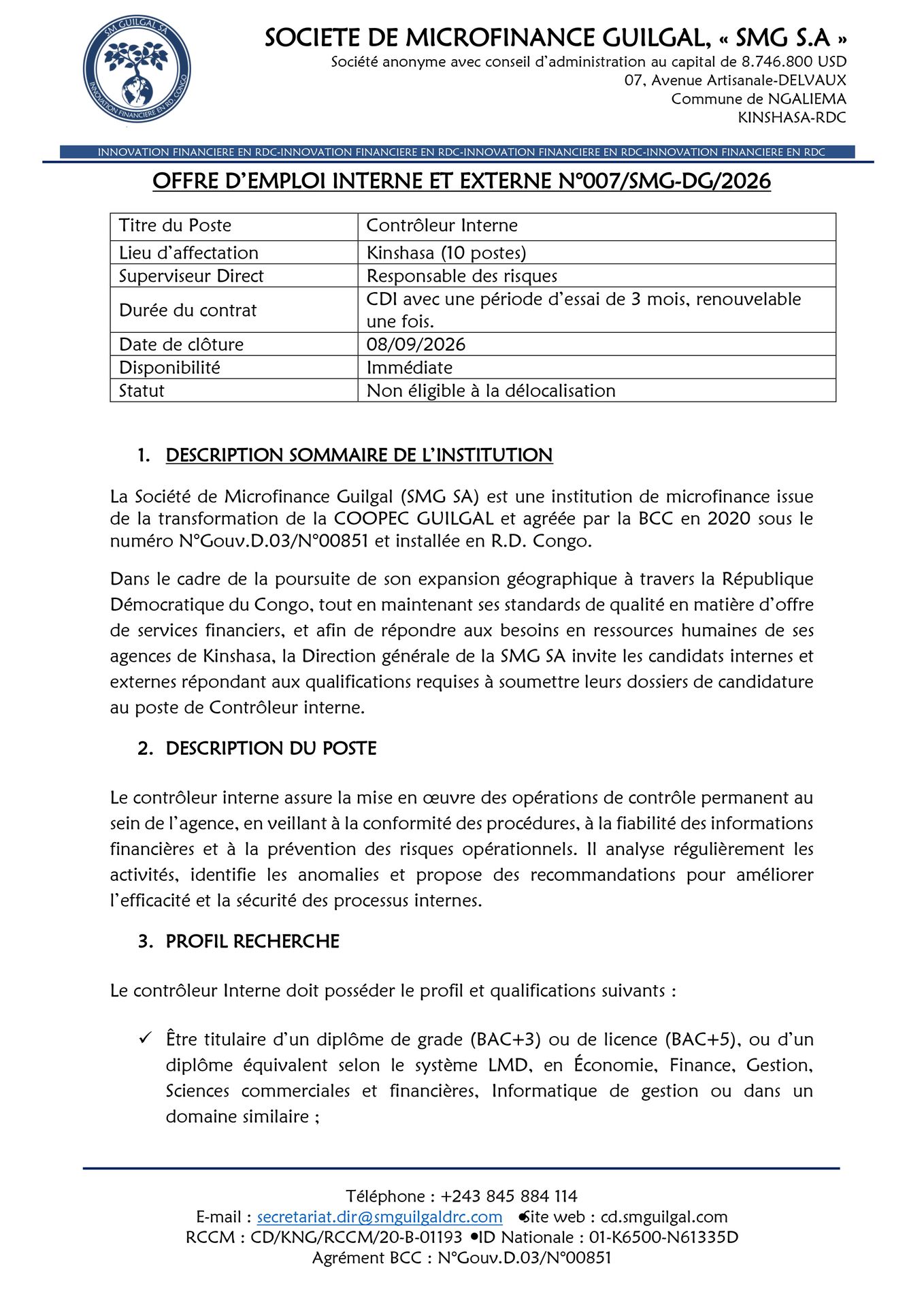 Document de l'offre de contrôleur interne page 1