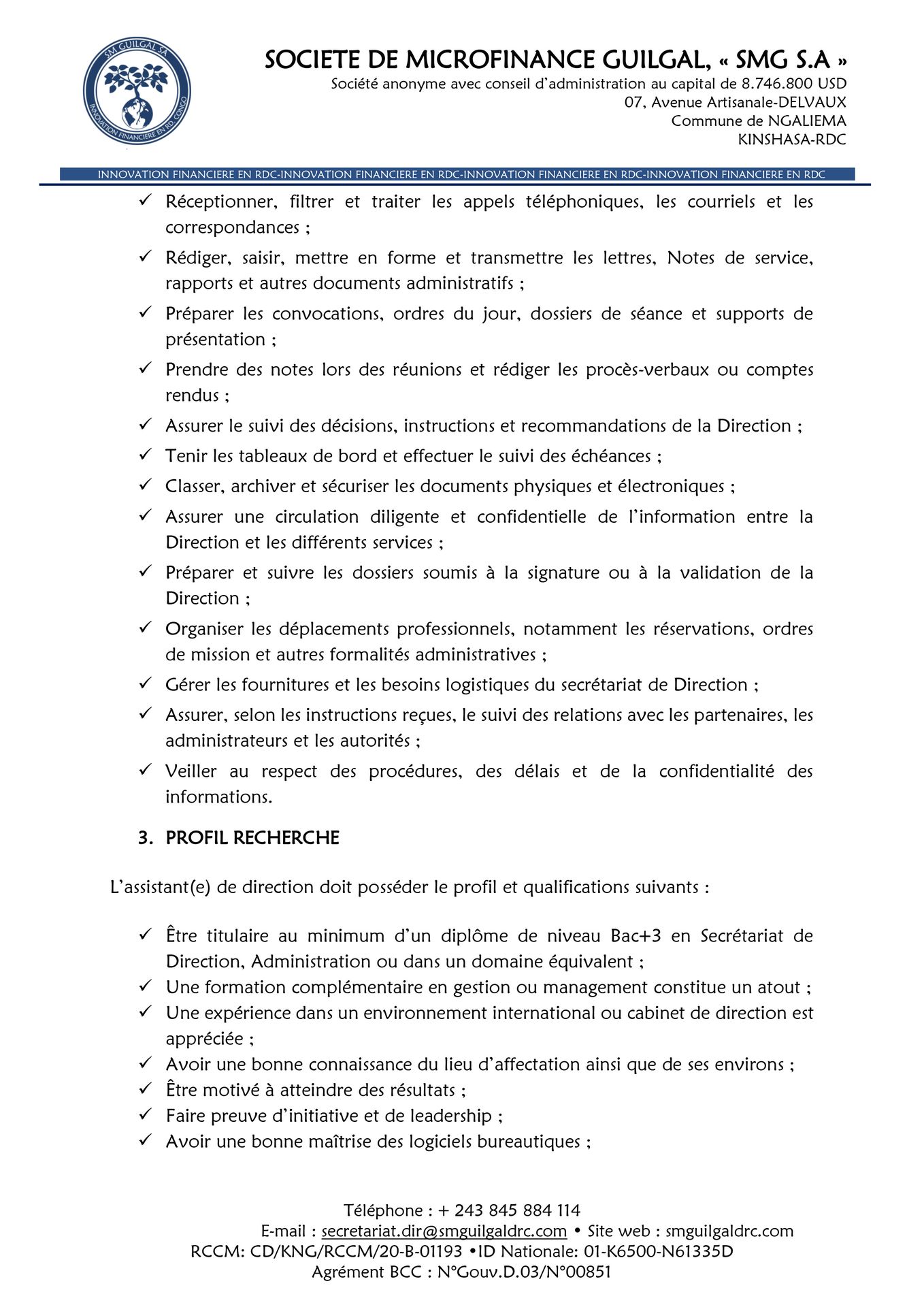 Document de l'offre d'Assistant de Direction Page 2