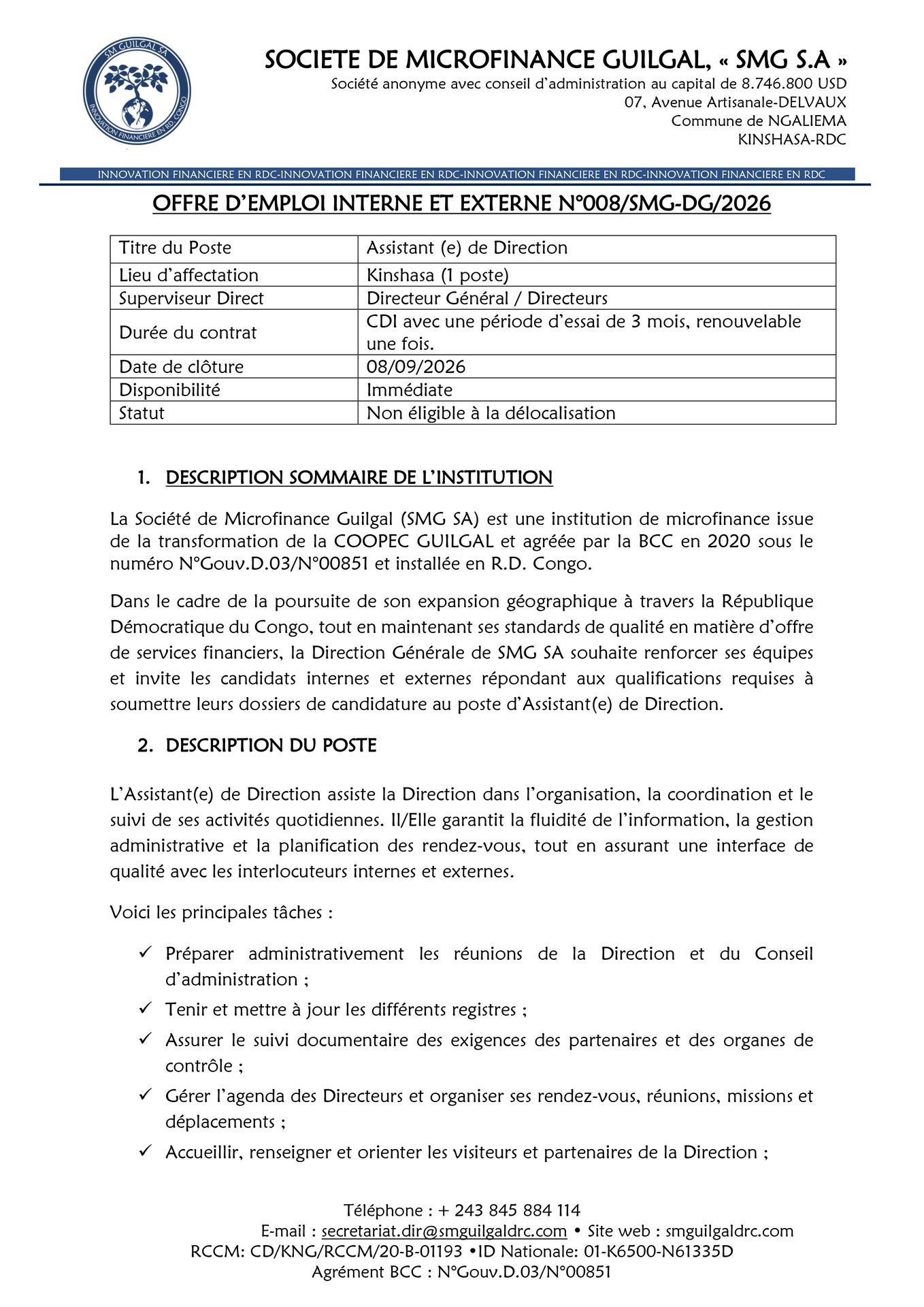 Document de l'offre d'Assistant de Direction Page 1